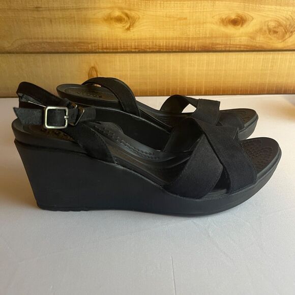 Crocs Leigh II Black Wedge Strappy Adjustable Slip On‎ Sandals Heels Womens 11 - Picture 2 of 7